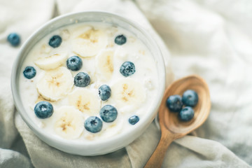 Healthy vegan food concept. healthy breakfast with yogurt and oat granola