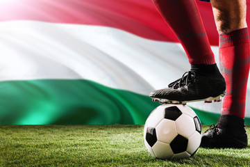 Close up legs of Hungary football team player in red socks, shoes on soccer ball at the free kick...