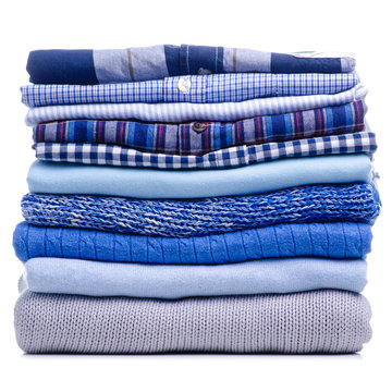 Stack Folded Blue Shirt Clothing On White Background Isolation