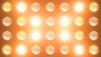 3D rendering of a wall with flashing lights and bright spotlights. Perfect background with glow effects and lenses for collages, presentations of music videos and shows