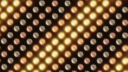 3D rendering of a wall with flashing lights and bright spotlights. Perfect background with glow effects and lenses for collages, presentations of music videos and shows