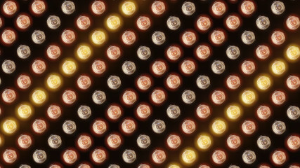 3D rendering of a wall with flashing lights and bright spotlights. Perfect background with glow effects and lenses for collages, presentations of music videos and shows