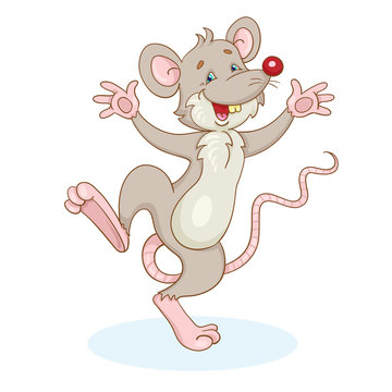 Hilarious gray rat - symbol of the new year is dancing. In cartoon style. Isolated on white background.