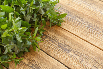 Fresh green mint on old wooden boards.