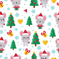 Childish seamless pattern. Cute cartoon kawaii mouse with Christmas tree and gifts. Chinese New Year symbol - rat. Winter background for kids.