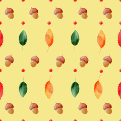 Fototapeta na wymiar Seamless autumn pattern of acorns and leaves