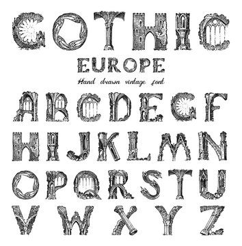 Decorative Gothic alphabet in ancient style. Antique old Font for labels. Vintage typeface. Editable and layered monogram. Hand drawn Vector modern letters.