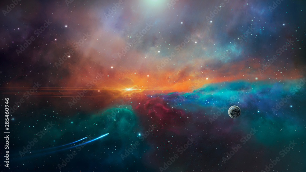 Sticker space scene. colorful nebula with planet and two trail. elements furnished by nasa. 3d rendering