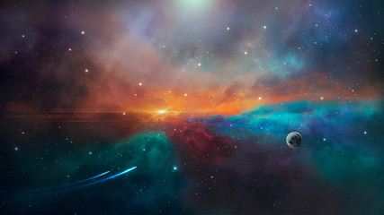Space scene. Colorful nebula with planet and two trail. Elements furnished by NASA. 3D rendering - obrazy, fototapety, plakaty