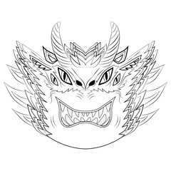 Dragon head with two pairs of eyes and large teeth. A dragon with a lot of horns all over his head.