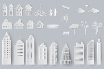 Set of buildings,houses,trees isolated objects for design in paper cut style