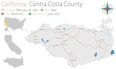 Fototapeta na wymiar Large and detailed map of Contra Costa county in California, USA