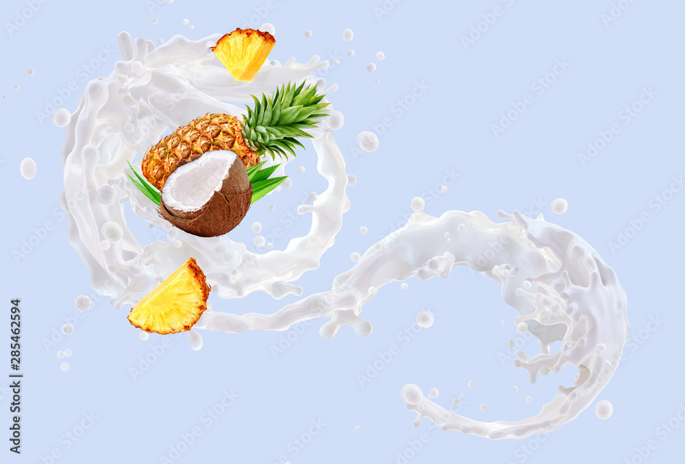 Wall mural fresh coconut milk 3d splash smoothie waves with ripe pineapple, coconut fruits. fruit milk or yogur