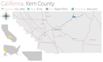 Large and detailed map of Kern county in California, USA