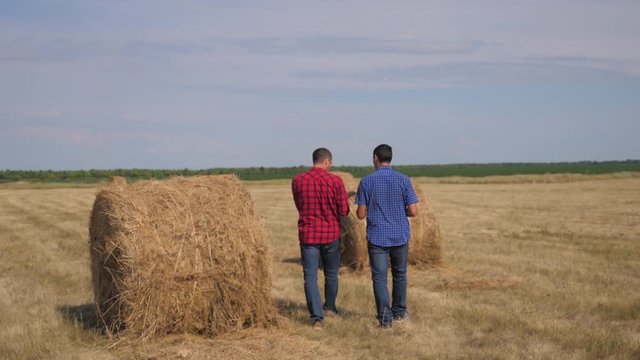 teamwork agriculture smart farming concept. two men farmers workers walking studying lifestyle haystack in field on digital tablet. teamwork slow motion video. people agronomist botanist farmers