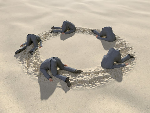 group of businessmen hides their heads in the sand