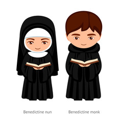 Benedictine monk and nun, holding a bible in their hands. Catholics. Religious man and woman. Cartoon character. Vector illustration.