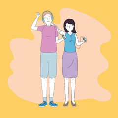 young couple friends listen music with player