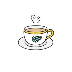 Teacup cute vector illustration. White cup of tea with blue rose and gold details. Hand drawn outlined isolated icon, sticker.