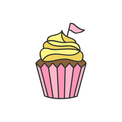 Cupcake vector illustration. Cute sweet chocolate cupcake, muffin decorated with vanilla cream icing and pink flag. Isolated hand drawn outline icon, sticker.