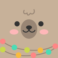 Llama, cute baby alpaca face vector illustration background. Square brown llama animal head with pom pom necklace.