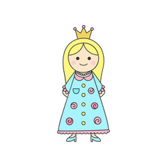 Princess cute vector illustration. Fairy tale, once upon a time, pastel hand drawn little blonde girl with blue and pink rose dress, blue shoes and gold crown on head. Isolated outlined icon, sticker.