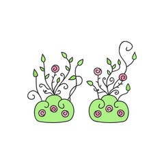 Wild rose flower bushes vector illustration. Climbing rose flower plants. Rose kingdom, princess symbol. Hand drawn isolated, outlined icon, sticker.