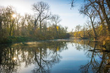 Fluss mit Nebel am Morgen Herbst