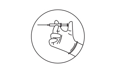 Hand with syringe vector icon. Line art vector illustration of doctors hand in rubber glove holding syringe. Medicine and healthcare concept.