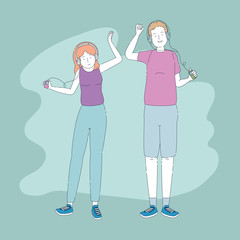 young couple friends listen music with player