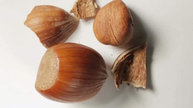 Some shelled hazelnuts with shell fragments around them, isolated on a white background in rotation.
