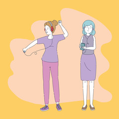 young girls listen music with earphones and player