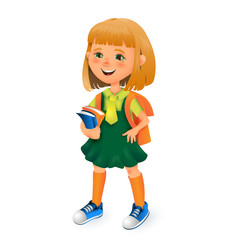 Cute school girl with bag and books in hands. Vector 3D cartoon illustration isolated on white background for poster, banner, logo. Cheerful kid, young lady, learning in school for education materials