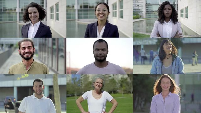 Happy smiling employees looking at camera. Multiscreen montage, split screen collage. Ethnicity variation concept