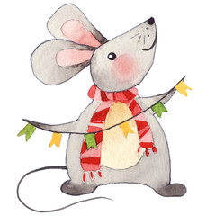 Fototapeta na wymiar Handpainted cute watercolor mouse, isolated on white, chistmas design, cartoon, new year 2020. best for greeting cards, wallpaper, invitation