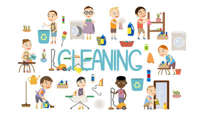 Set cute boys doing housework. Boys throw out garbage, wash dishes, wash clothes in a washing machine, vacuum clean, iron clothes, wipe mirrors, water flowers and do cleaning. Flat cartoon vector
