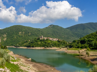 Fototapeta na wymiar Wide view of Vagli Sotto village and Lake Vagli in Garfagnana, province of Lucca. Hidden gem for nature lovers, hikers etc.