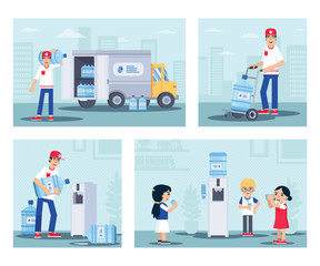 Water delivery service flat illustration set