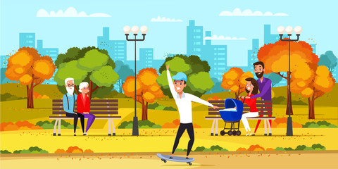 Family recreation in park flat vector illustration