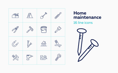 Home maintenance line icon set. Tool box, painting brush, wrench. Construction concept. Can be used for topics like housing housekeeping, renovation, repair