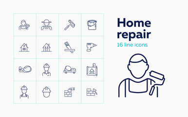 Home repair line icon set. Decorator, contractor, hand tools. Construction concept. Can be used for topics like painting, brickwork, design project