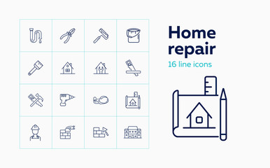 Home repair line icon set. Saw, hammer, brickwork, blueprint. Construction concept. Can be used for topics like housing housekeeping, renovation