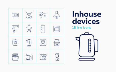 Inhouse devices line icon set. Set of line icons on white background. Soundbar, conditioner, fridge. Vector illustration can be used for topics like home, kitchen, technics
