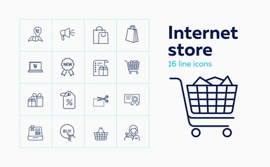 Internet store line icon set. Paper bag, discount, cart. Retail concept. Can be used for topics like shopping online, Christmas sale, discount
