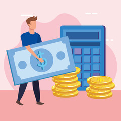 young man with bills dollars character