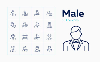 Male line icon set. Blue collar, farmer, police officer, businessman. People concept. Can be used for topics like job, occupation, labor