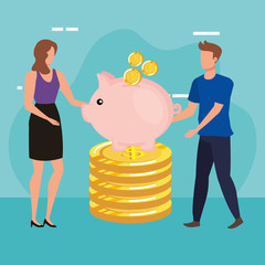 young couple with piggy savings