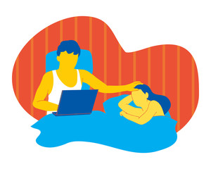 loving young couple in bed. man working computer. vector illustration isolated cartoon hand drawn