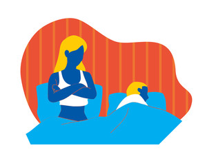 young couple in bed. woman bored while man sleeps. vector illustration isolated cartoon hand drawn