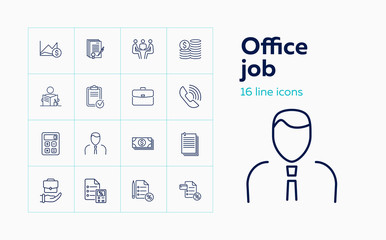 Office job icon set. Set of line icons on white background. Calculator, manager, call, money. Banking concept. Vector illustration can be used for topics like banking, investment, profit